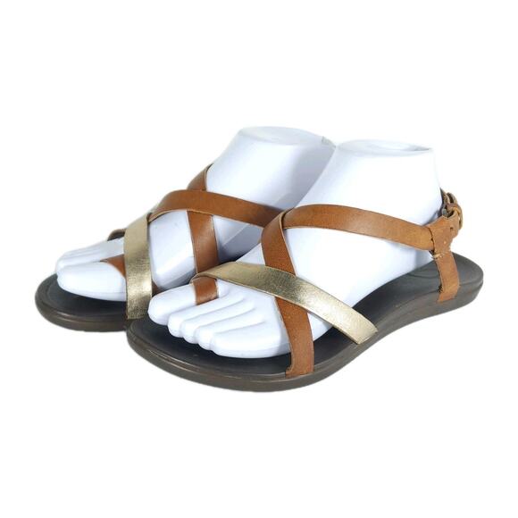 Olukai Women's Upena US8 Brown Gold Leather Crisscross Ring Toe Slingback Sandal - Picture 1 of 16